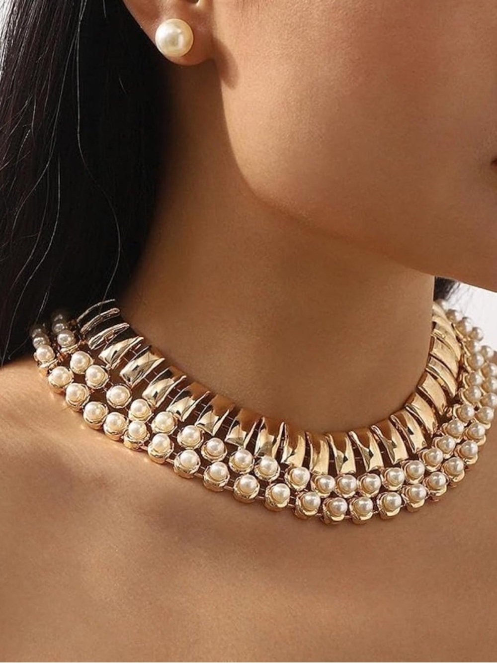Gold Pearl Layered Statement Choker Necklace & Stud Earrings Set Fifiβs Closet - Picture 7 of 7